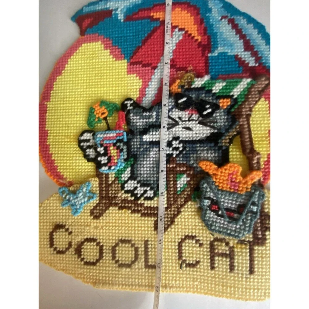 VTG  Cool Cat At The Beach Wall Hanging Needlepoint Plastic Canvas